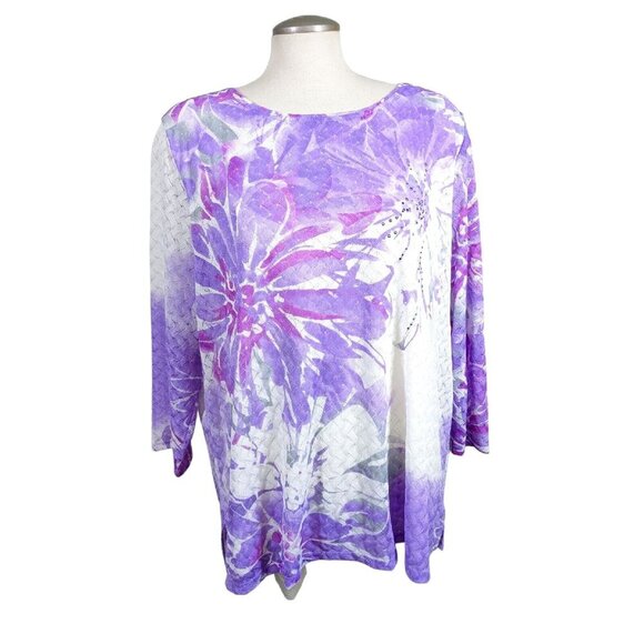 Alia Womens Plus Size 2X Top Blouse Lilac Short Sleeve Light Crochet Knit Lined - Picture 1 of 7
